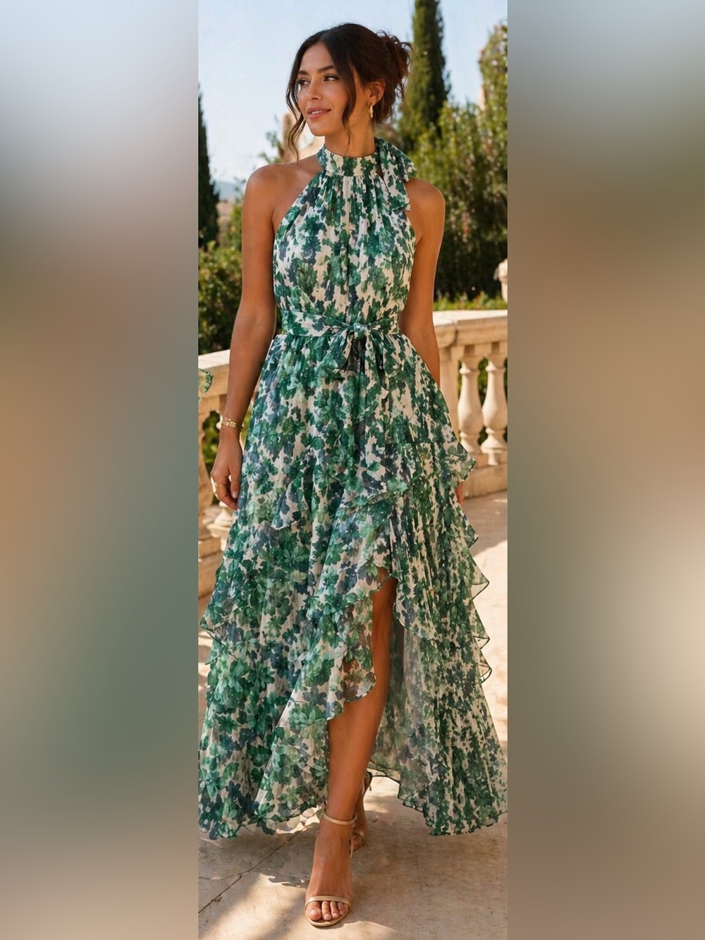 NWT Alex Marie Emerald Floral Halter Dress Size 2 Ruffle Midi Maxi $218